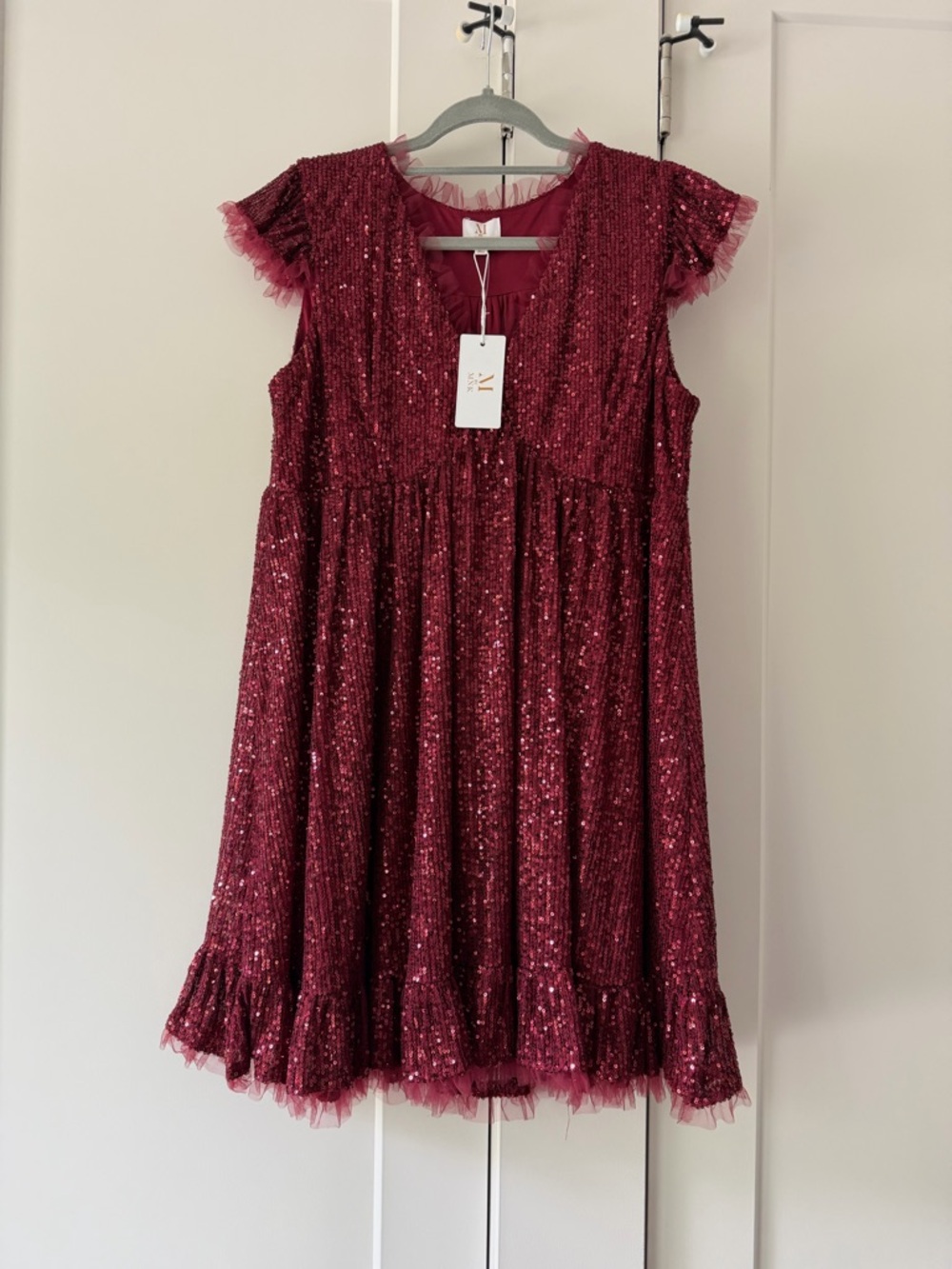 Sequin Burgundy Formal Dress with Tulle Trim